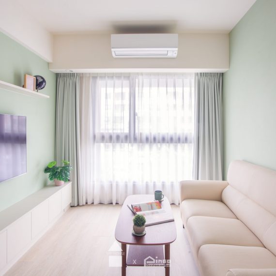 青埔20坪新成屋｜現代簡約鼠尾草綠電視牆與圓弧洞洞板 實景照片 2